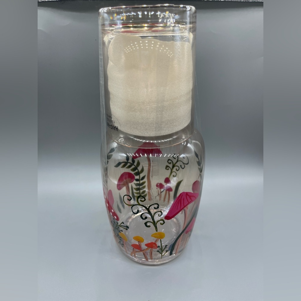 Hand-Painted Botanical Mushroom Glass Carafe with Matching Tumbler, NWT 🍃🍄